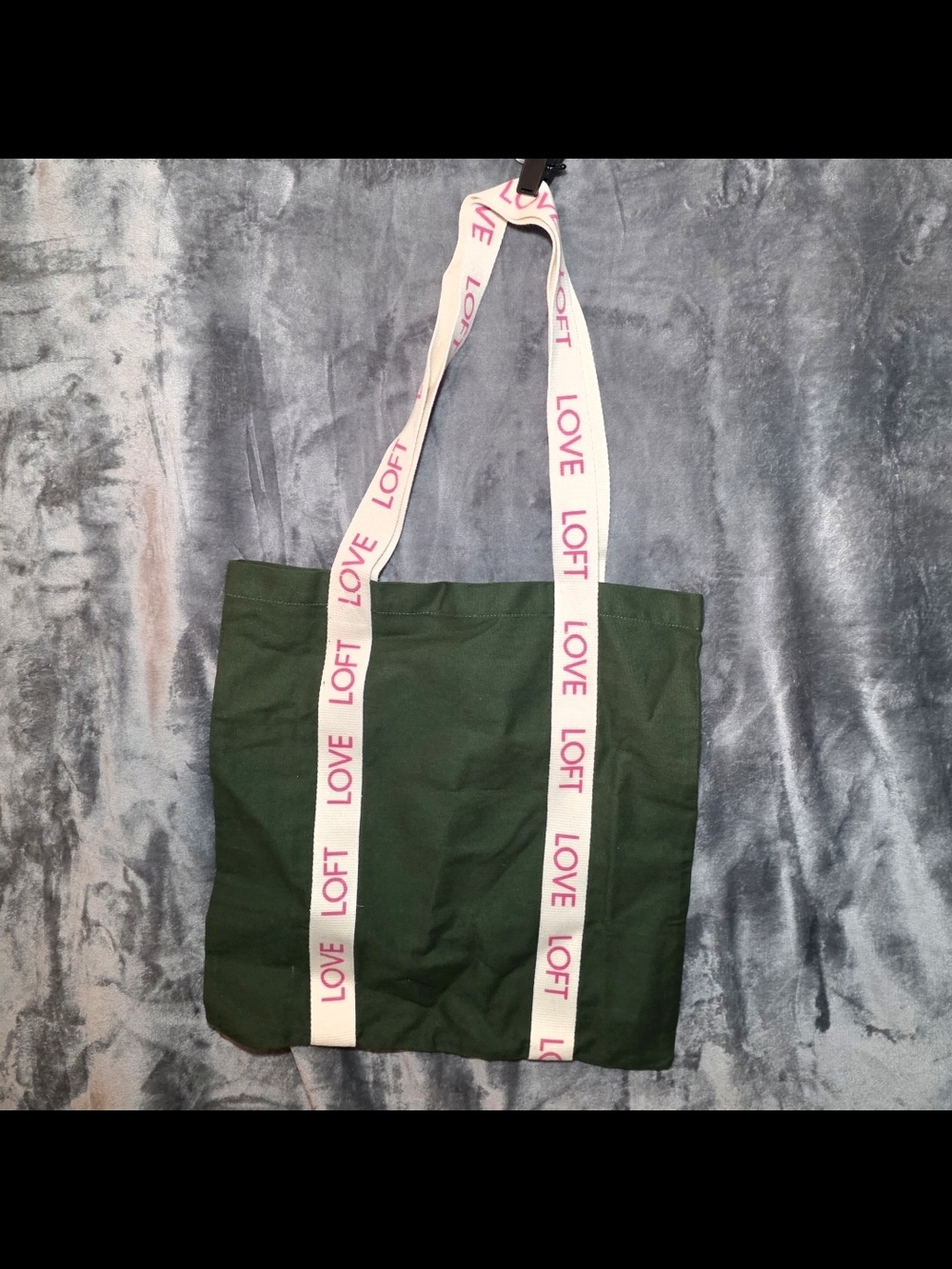 LOFT Dark Green Canvas Tote with Pink 'LOVE' Webbing Straps
